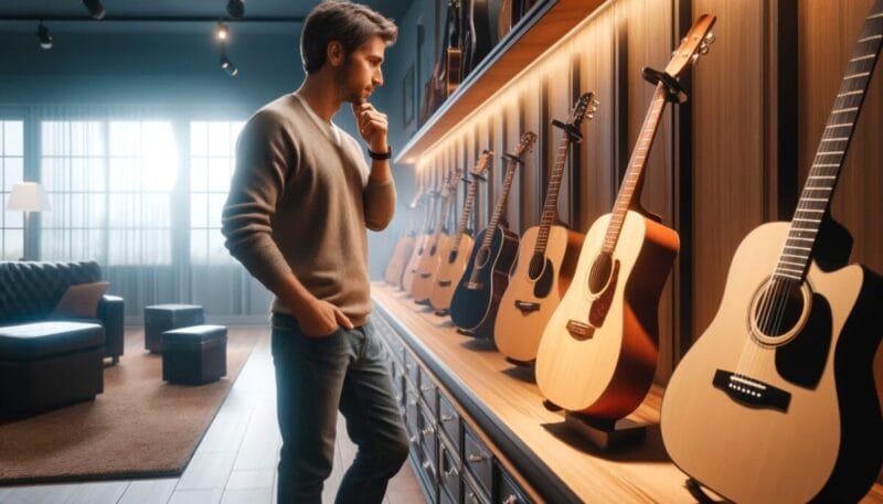 Homem escolhendo modelo de violão profissional